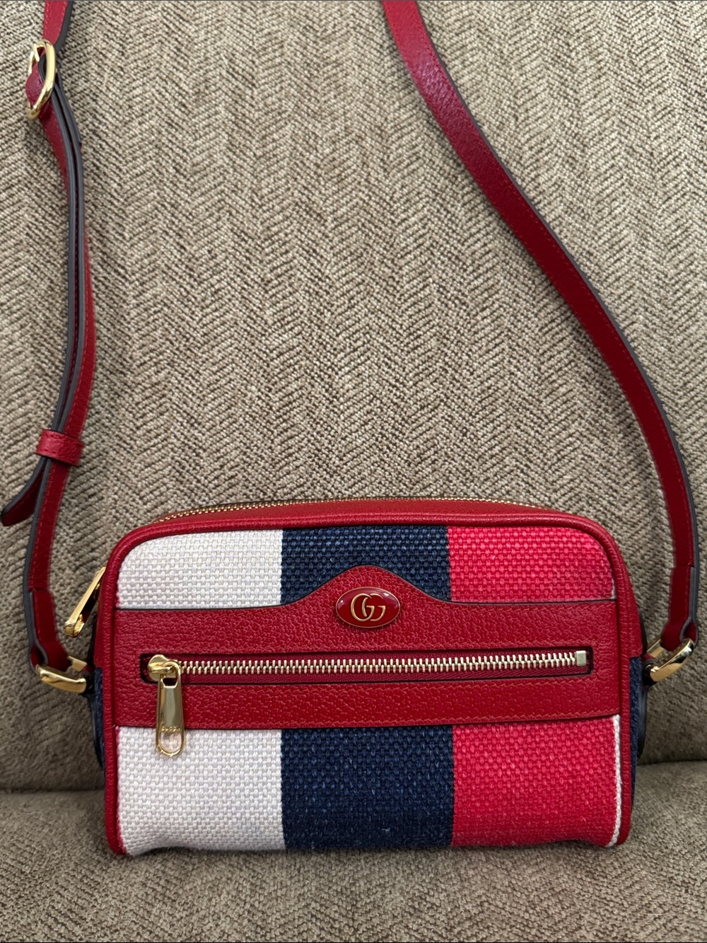 Authentic Gucci Canvas Sylvie Stripe Mini Ophidia Camera Bag